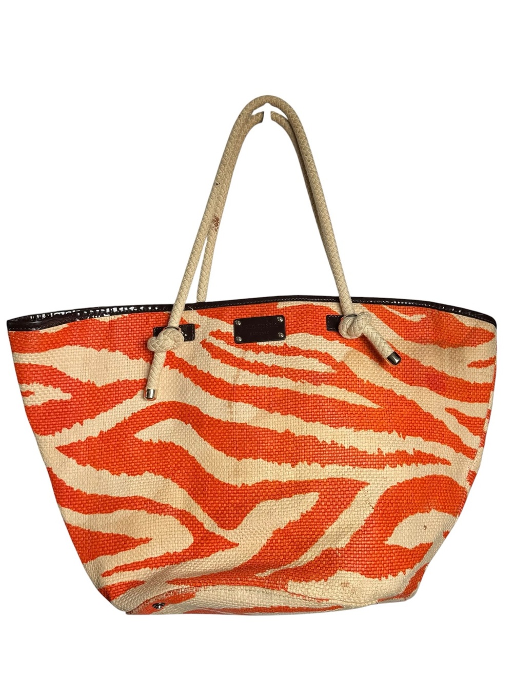 Kate Spade Wicker and Rope Tote Bag Orange Beige Zebra Print Beach Vacation - Picture 1 of 16